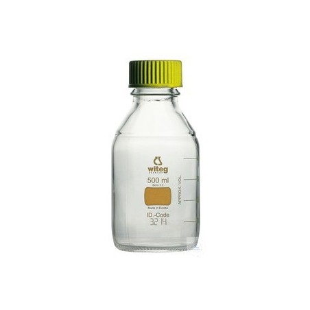 witeg Flacons de laboratoire, avec bouchon à vis jaune et graduation jaune, verre borosilicaté 3.3