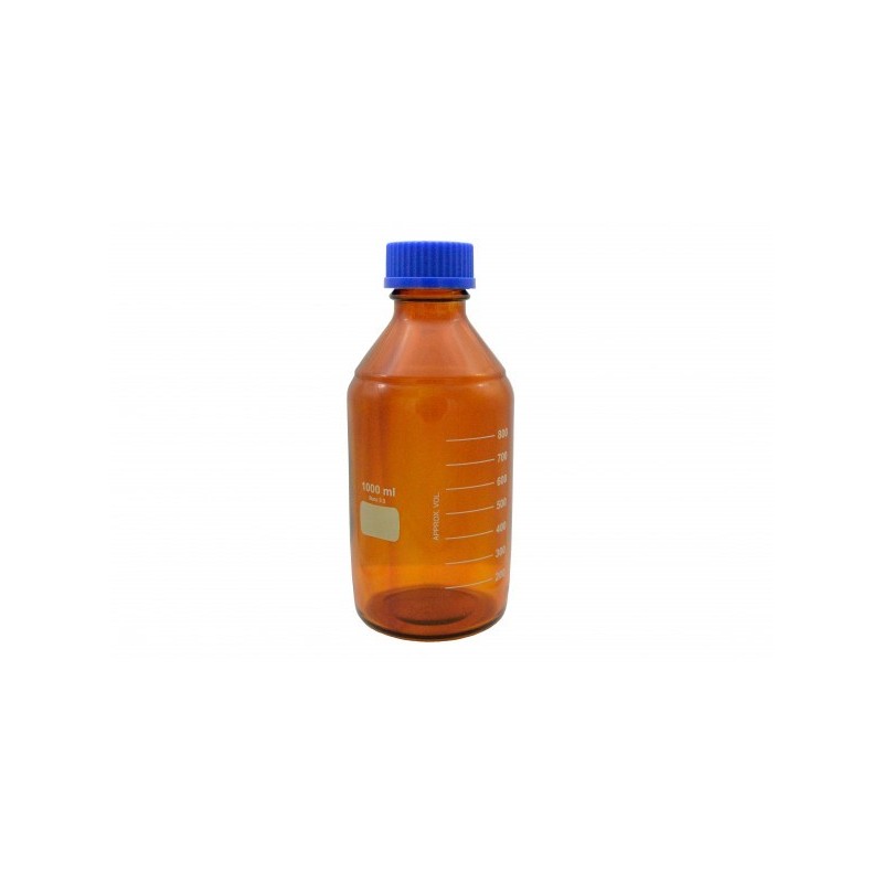 Flacons de laboratoire avec bouchon à vis bleu, teinté ambre, verre borosilicaté 3.3